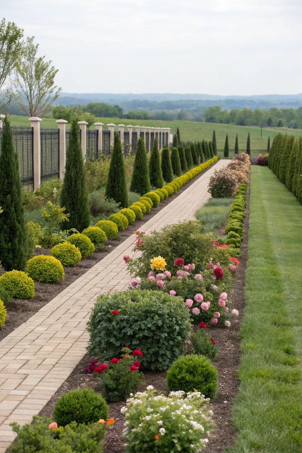 Harmonious planting creates balance along property borders.