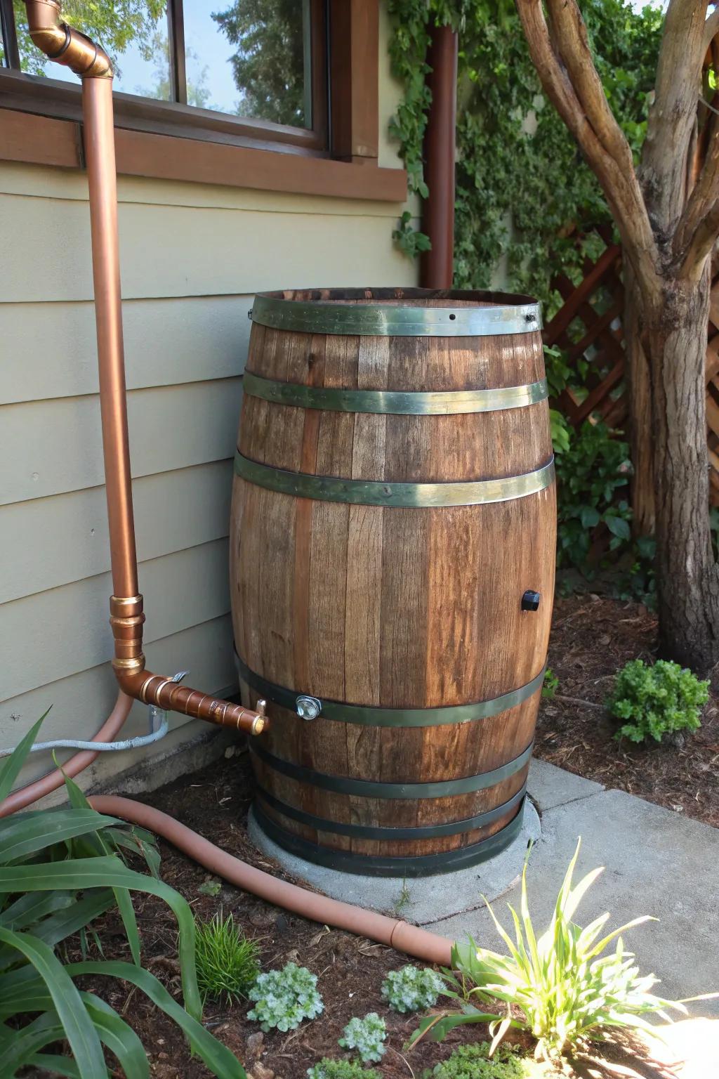 Transform your garden with this stylish DIY rainwater collection system using repurposed wine barrels!