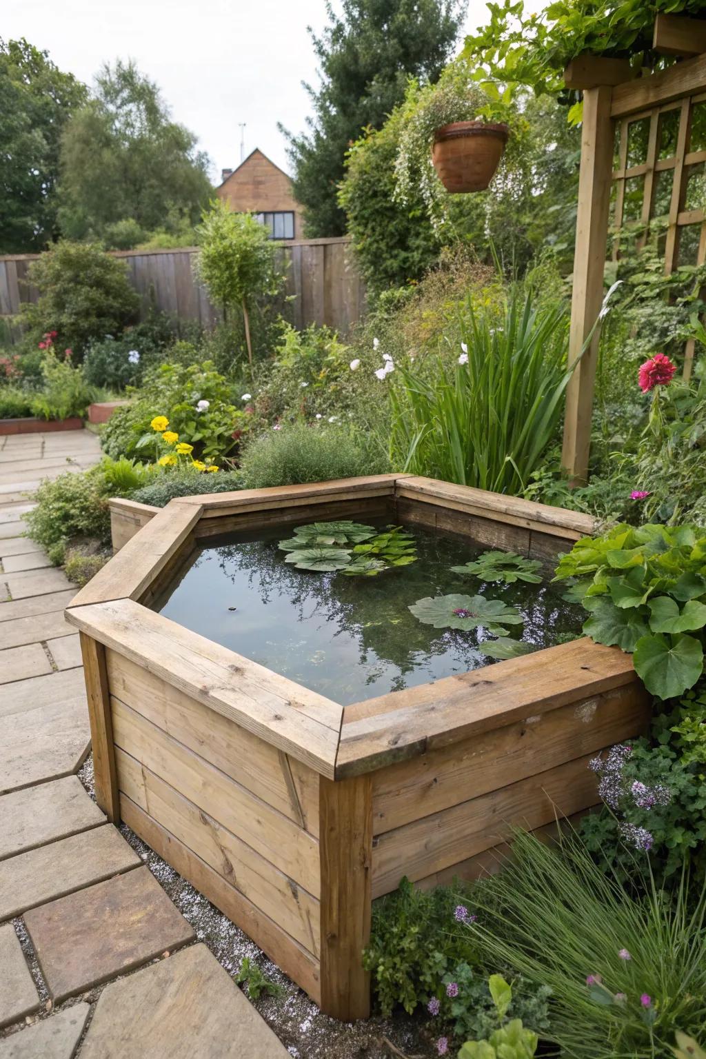 Use area effectively through a stylish corner pond.