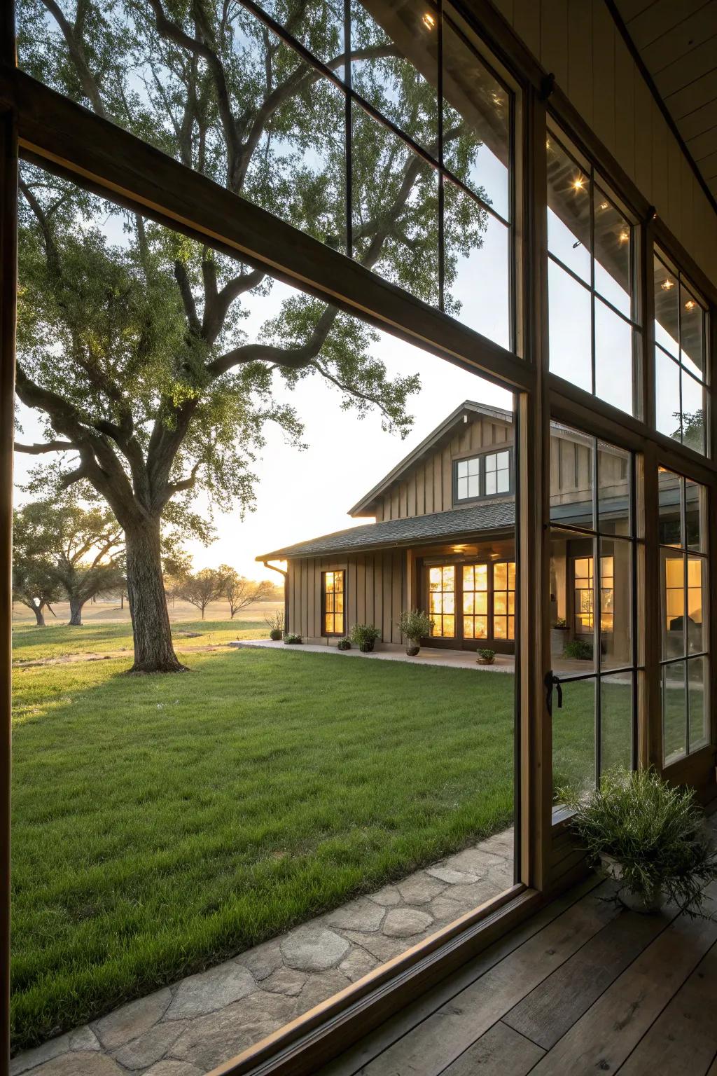 Large windows illuminate the interiors of this beautifully remodeled ranch house.