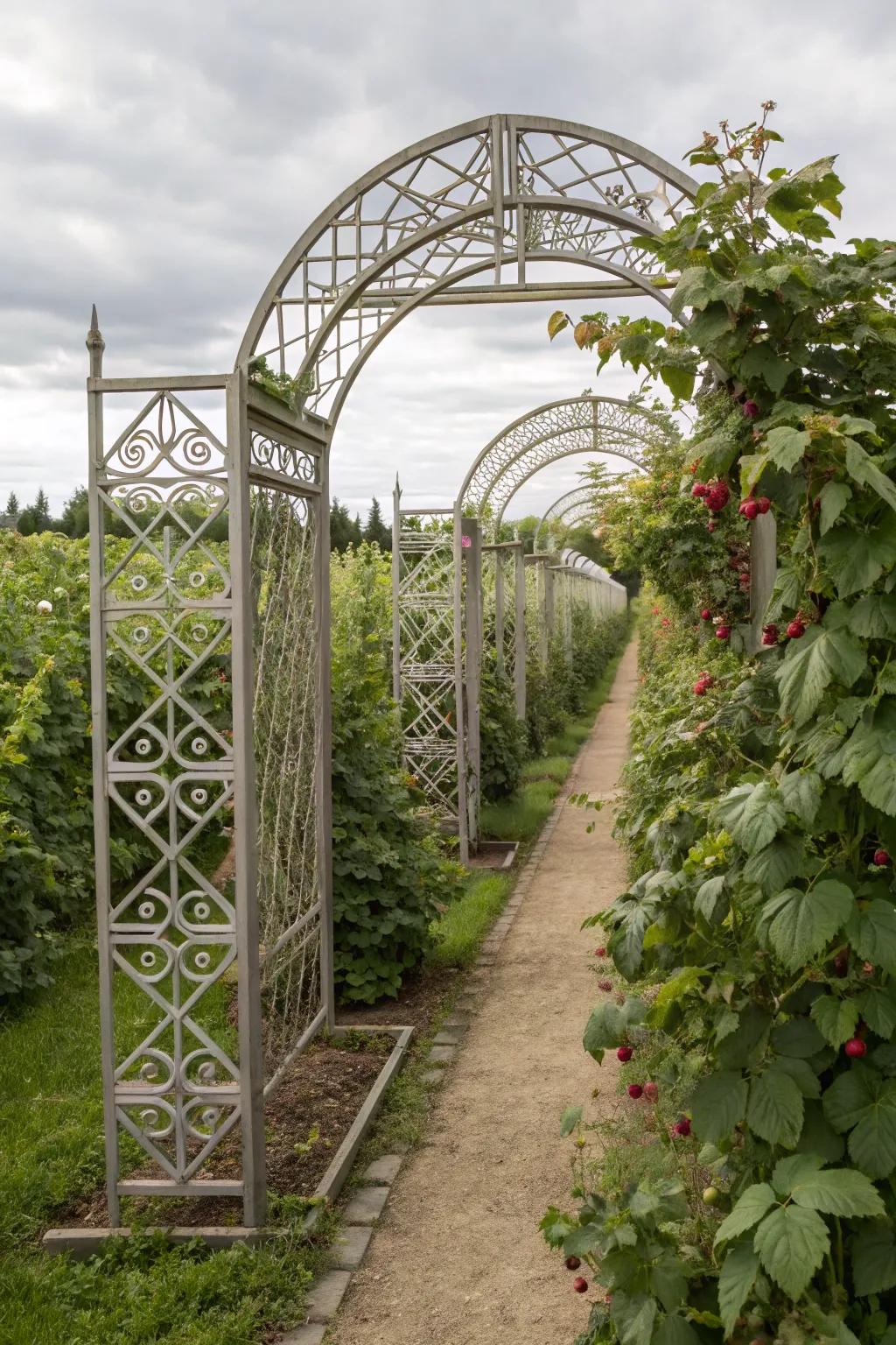 A metal trellis adds a modern touch to a raspberry garden.