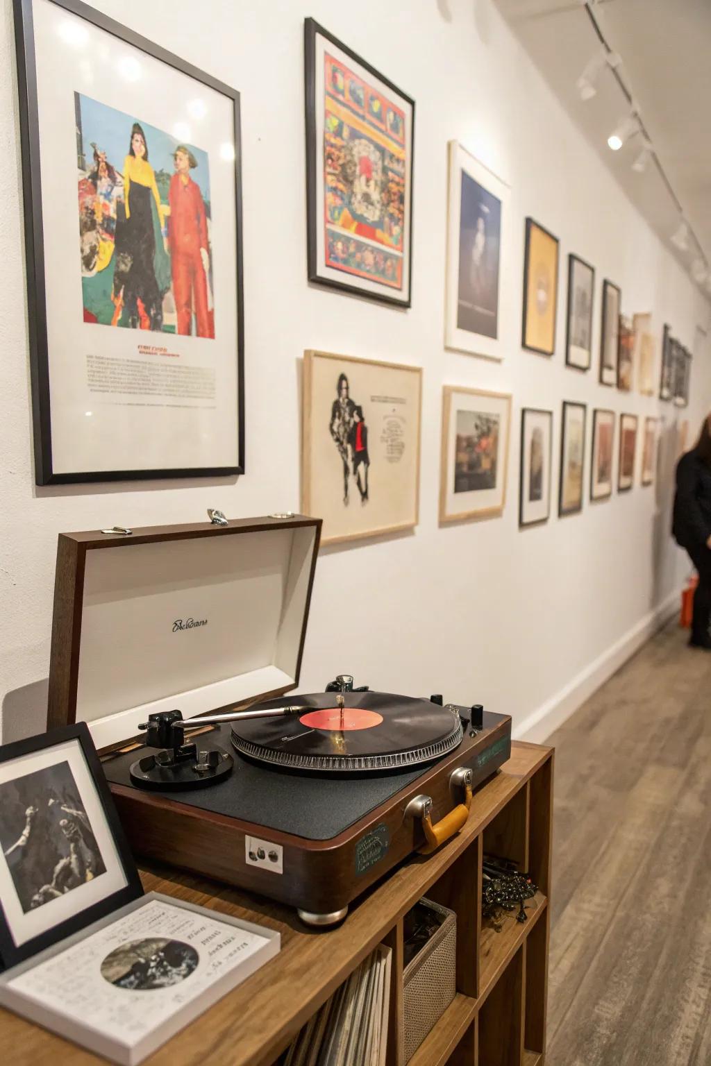 Artistic gallery wall with record player setup.