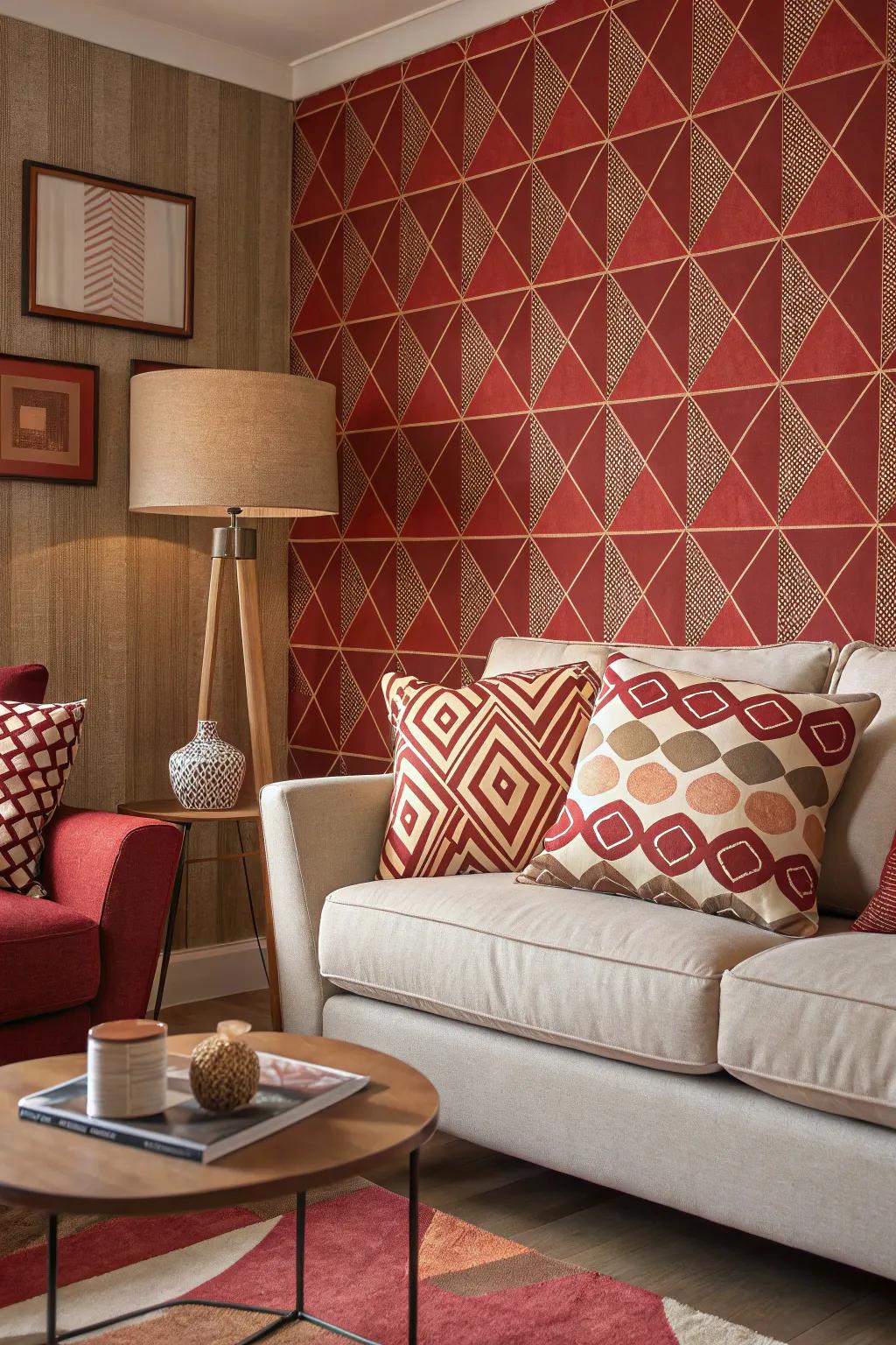 Geometric patterns bring a modern touch to traditional color schemes.