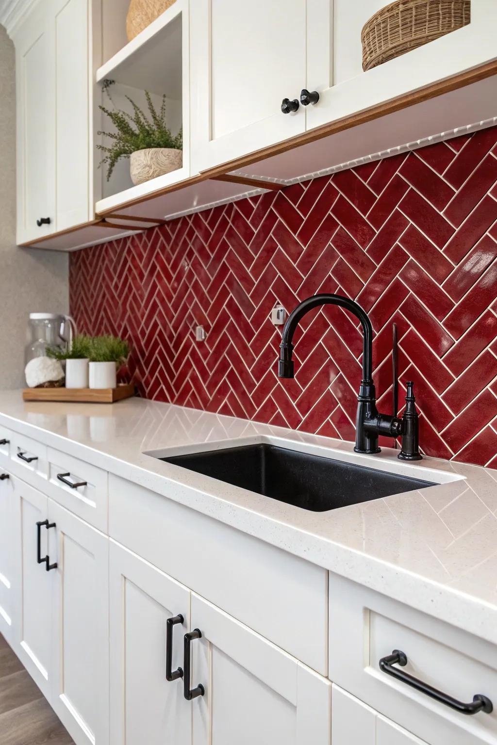 A kitchen with a dynamic ruby red herringbone tile pattern.