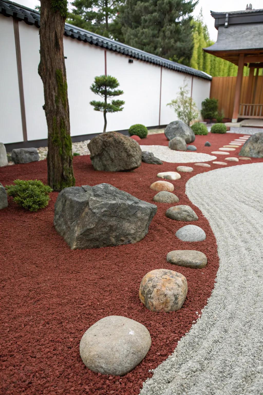 Red lava rocks bring a peaceful, minimalist vibe to this Zen garden.