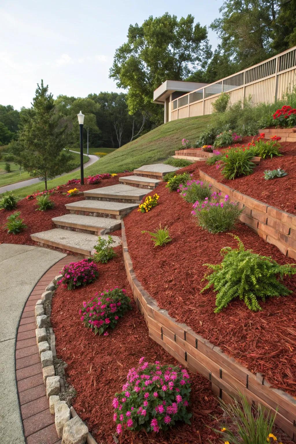 Red mulch on slopes controls erosion and adds a vibrant garden element.
