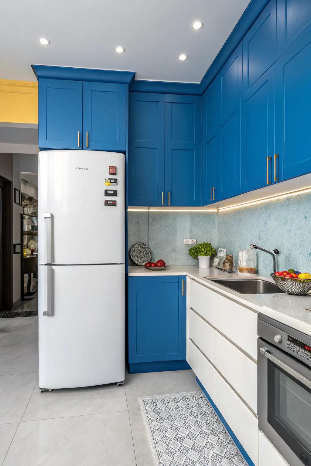 Contrasting elements around the refrigerator make a bold statement.