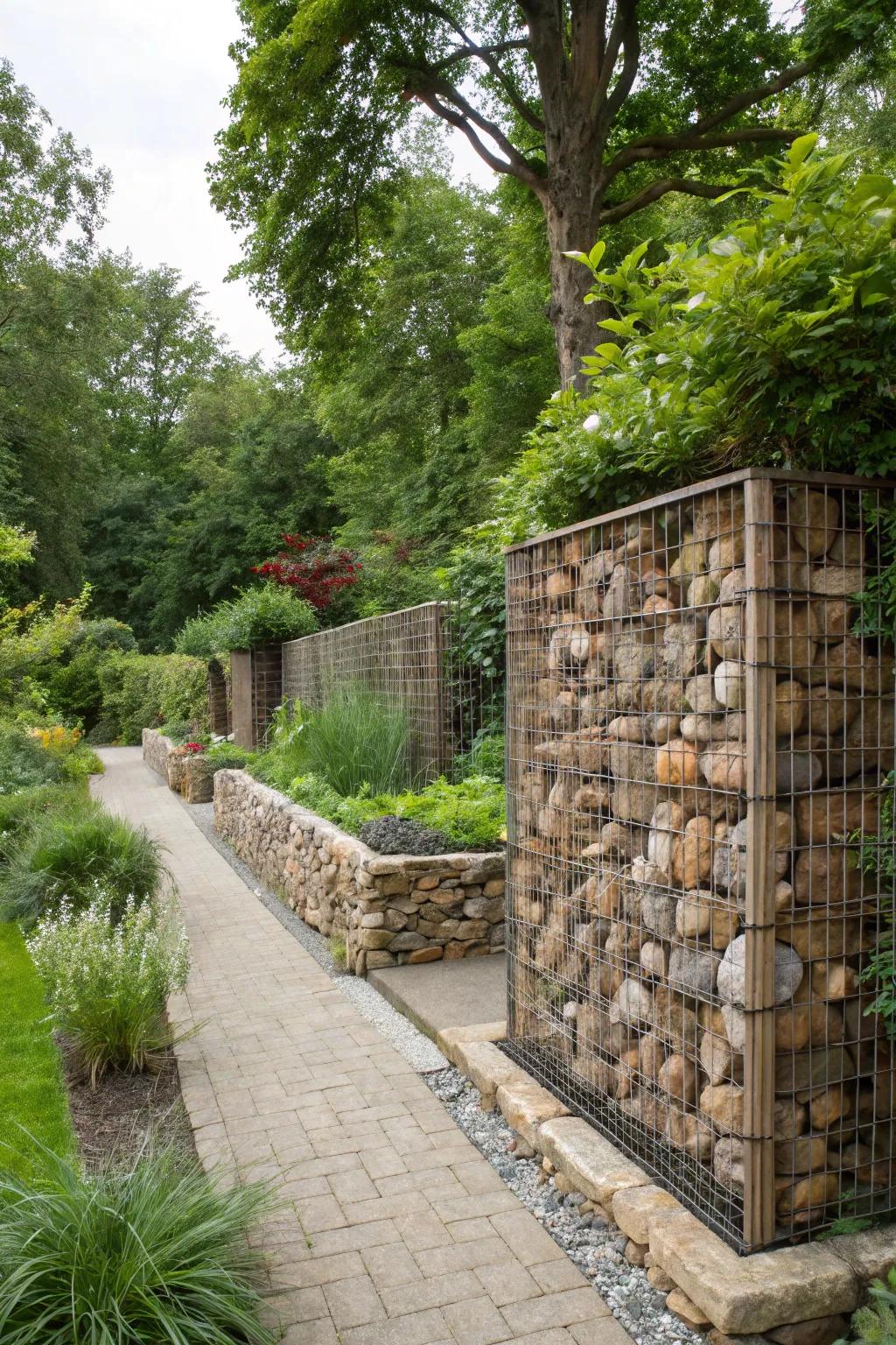 Rustic gabion walls introducing charm to a garden.