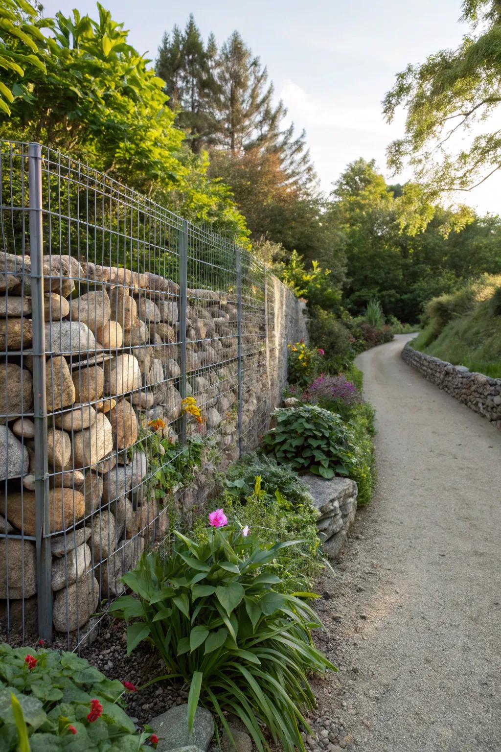 Gabion walls deliver a sturdy, industrial aesthetic.