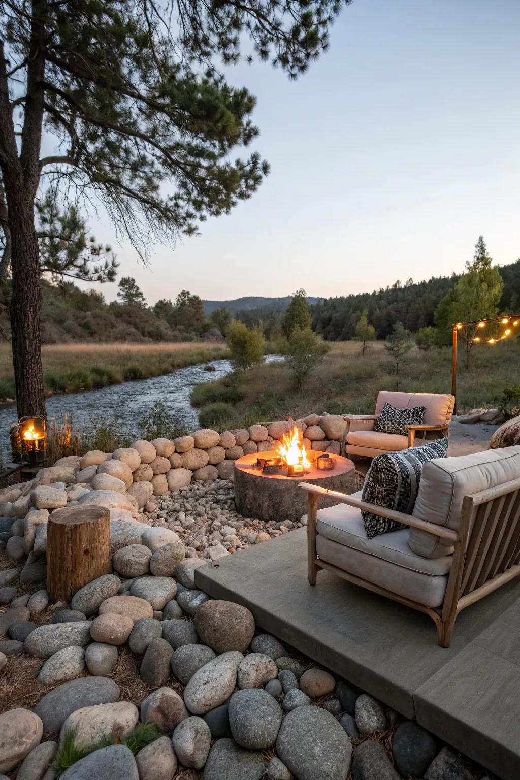 A stream stone enclosure enhances rustic appeal and safety within this inviting fire pit area.