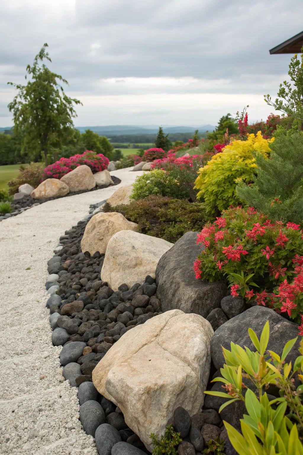 Color oppositions between stones and vegetation create a bold statement.