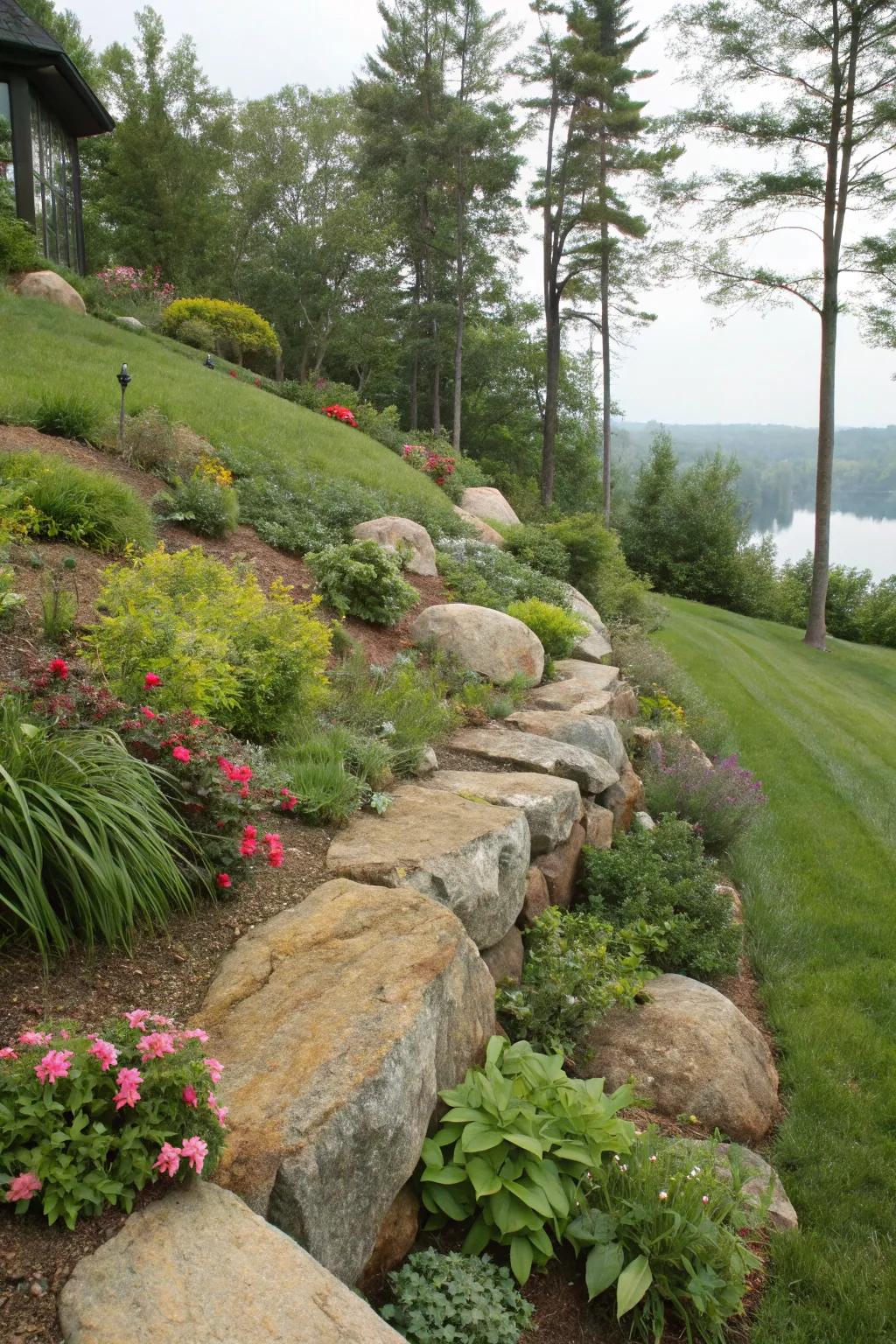 Sizeable stones employed effectively for erosion management on a garden slope.