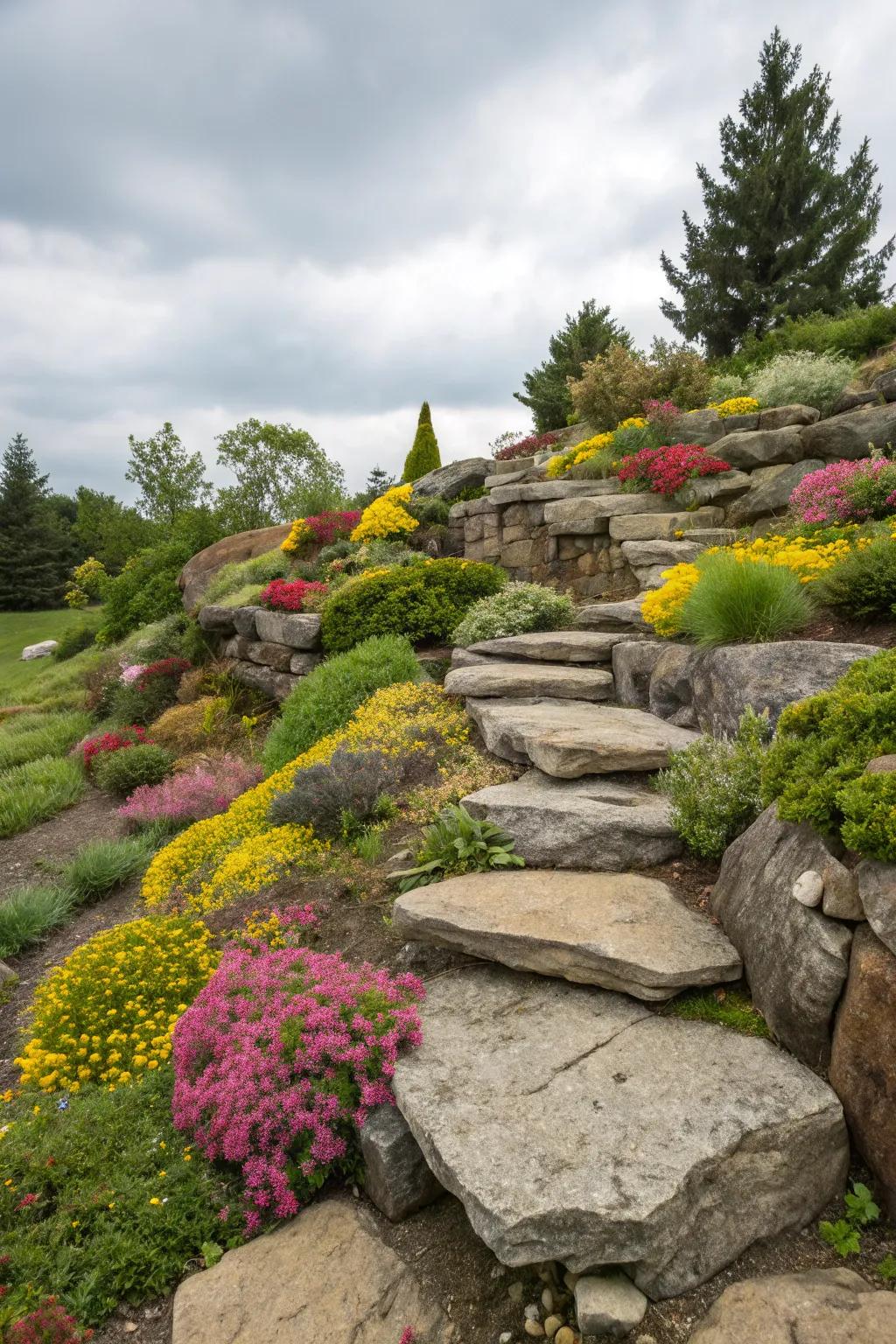 A naturally sloped rock garden filled with layers of flowers and plants.