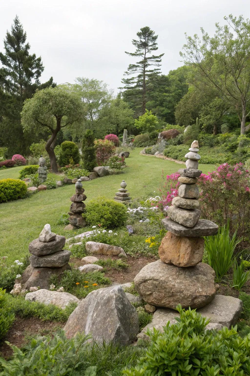 Sculptural stone formations add an artistic flair to the landscape.