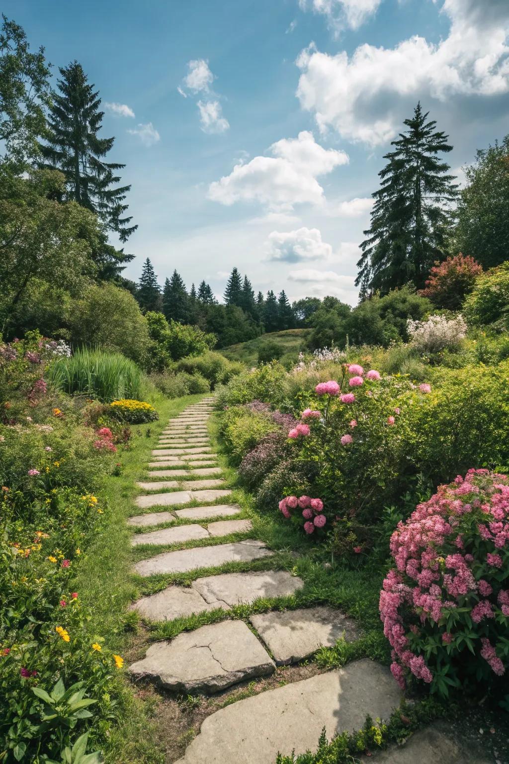 An appealing walkway stone path guiding through a lush garden space.