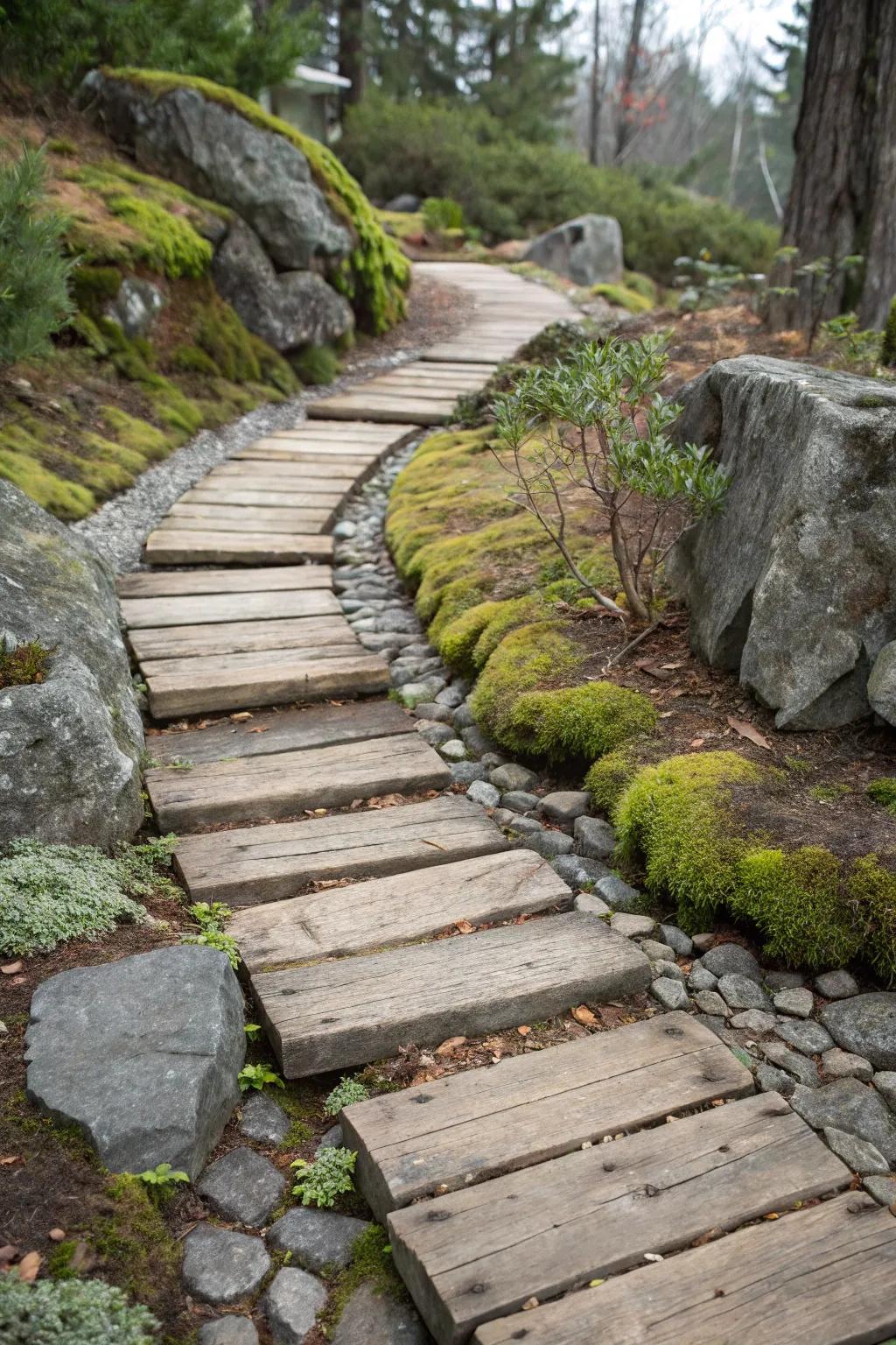 Wooden planks alongside stones bring a rustic charm to walkways.