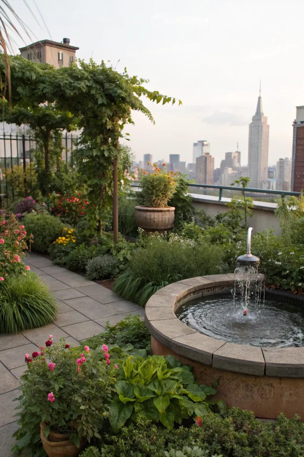 A water feature brings tranquility and charm to the rooftop.