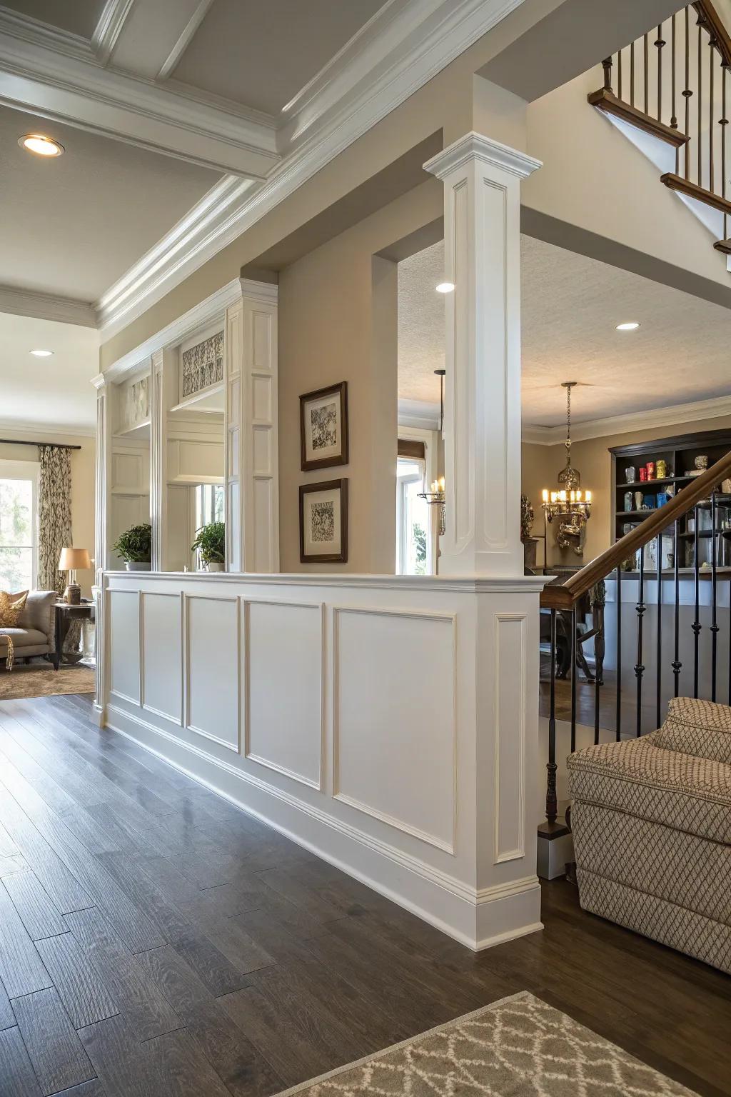 An interior room with a half wall of differing elevations, adding aesthetic measurement.