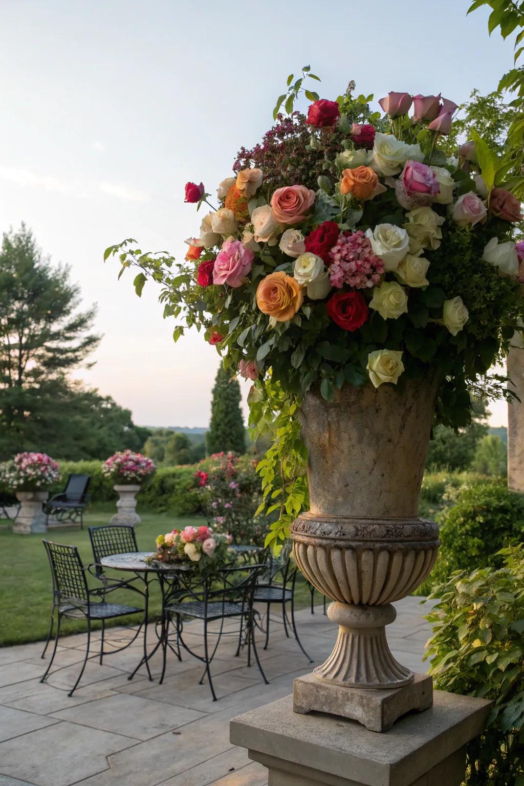 Garden soirée grandeur by way of a sizable vase brimming with assorted roses.