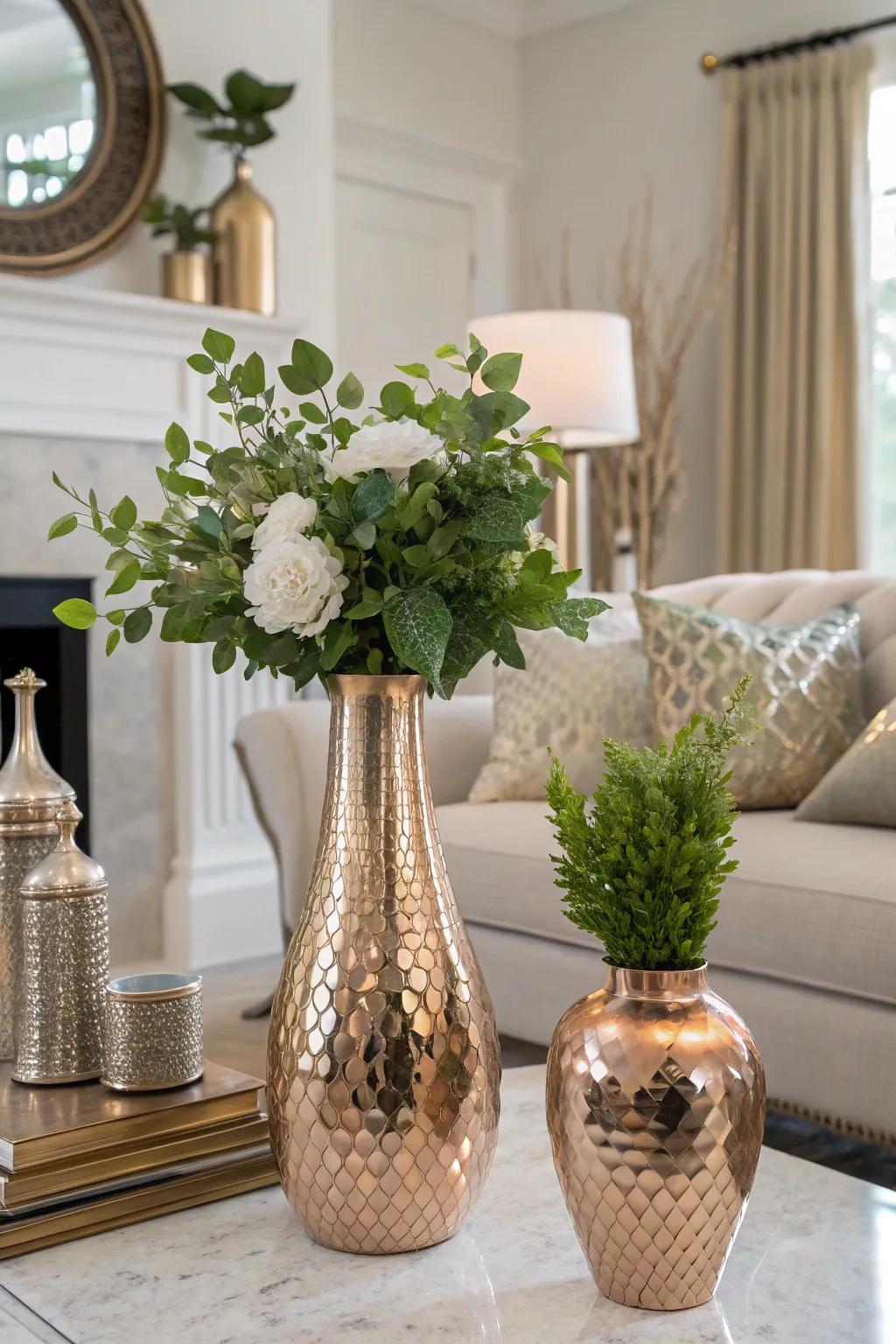 Chic rose gold containers filled with greenery incorporate a natural impression.