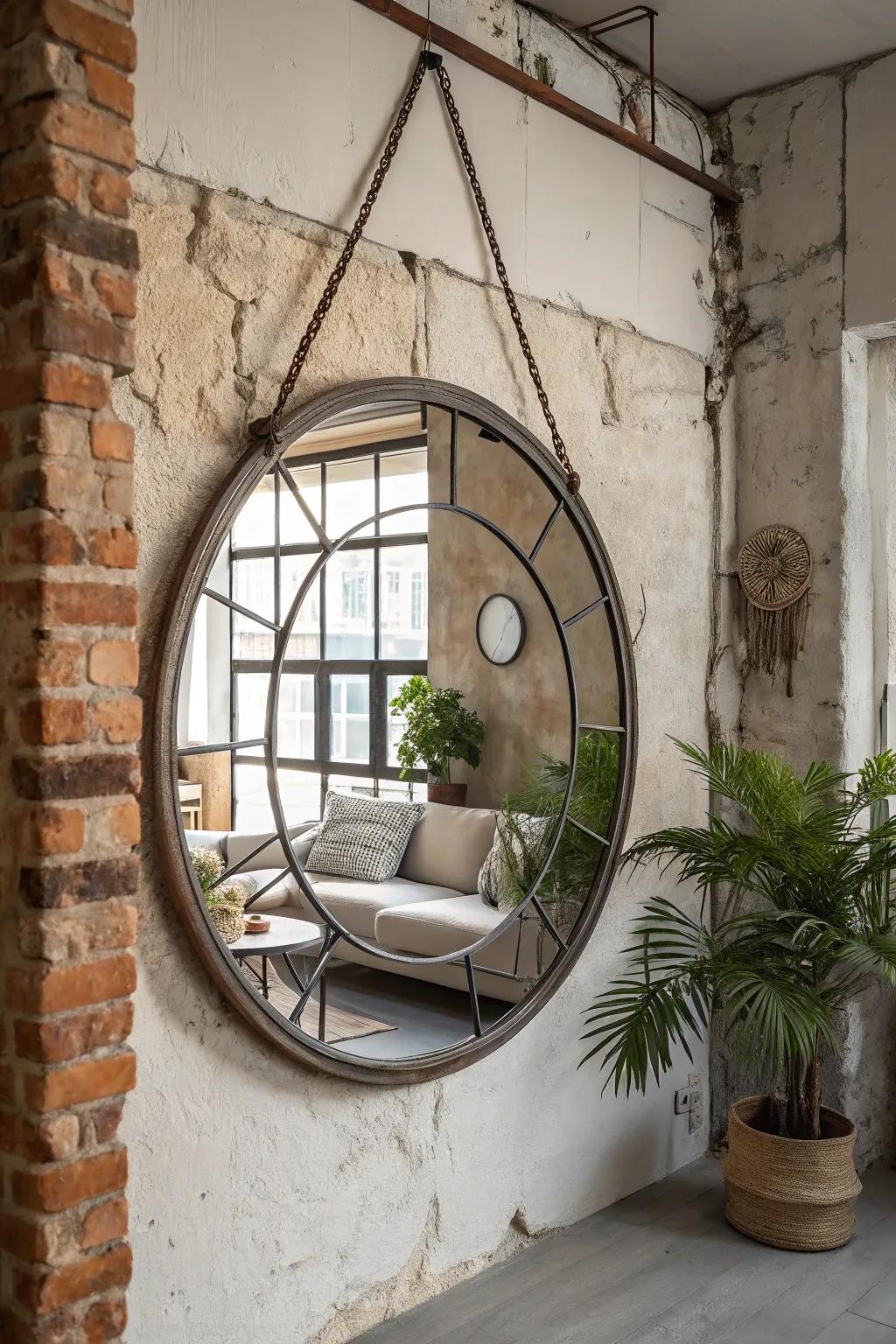 A metal-framed circular mirror gives a modern edge to an industrial-themed living room.