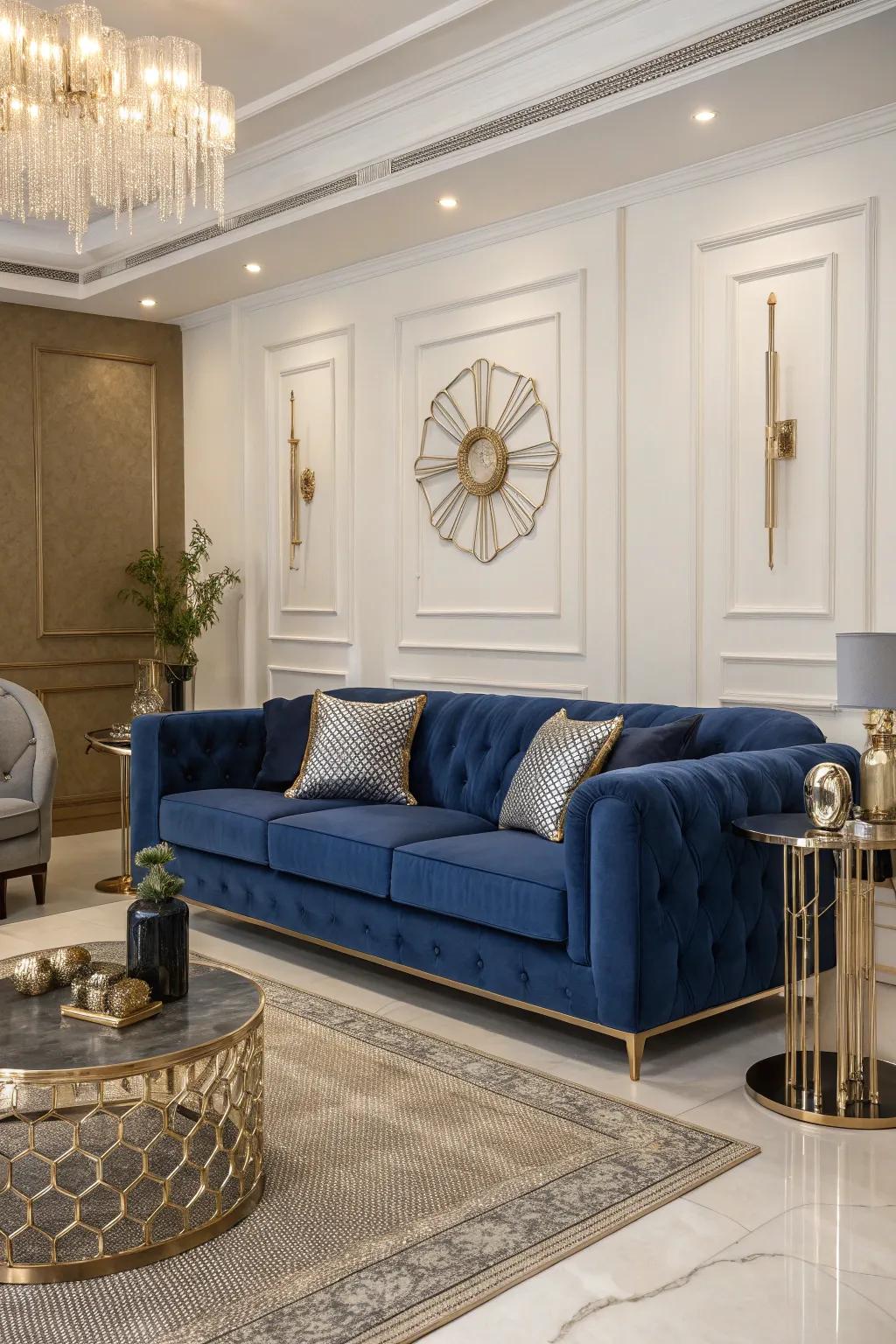 Polished accents impart a contemporary edge to the cobalt settee's classic charm.