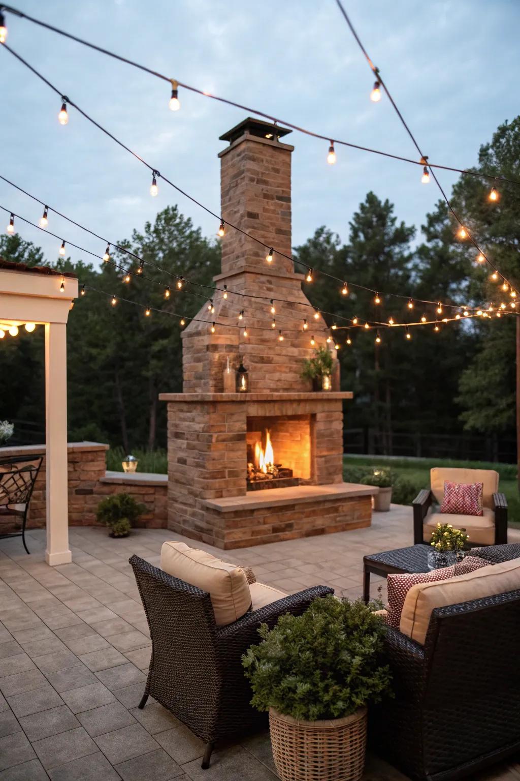 Outdoor brick fireplaces create a cozy gathering space.