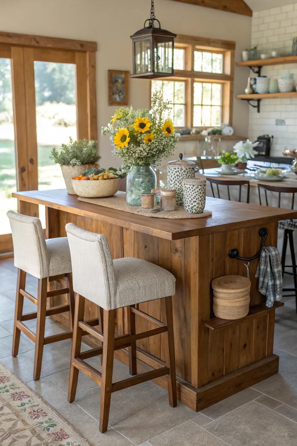 An inviting farmhouse-style cooking space hub with bar stools for extra seating.