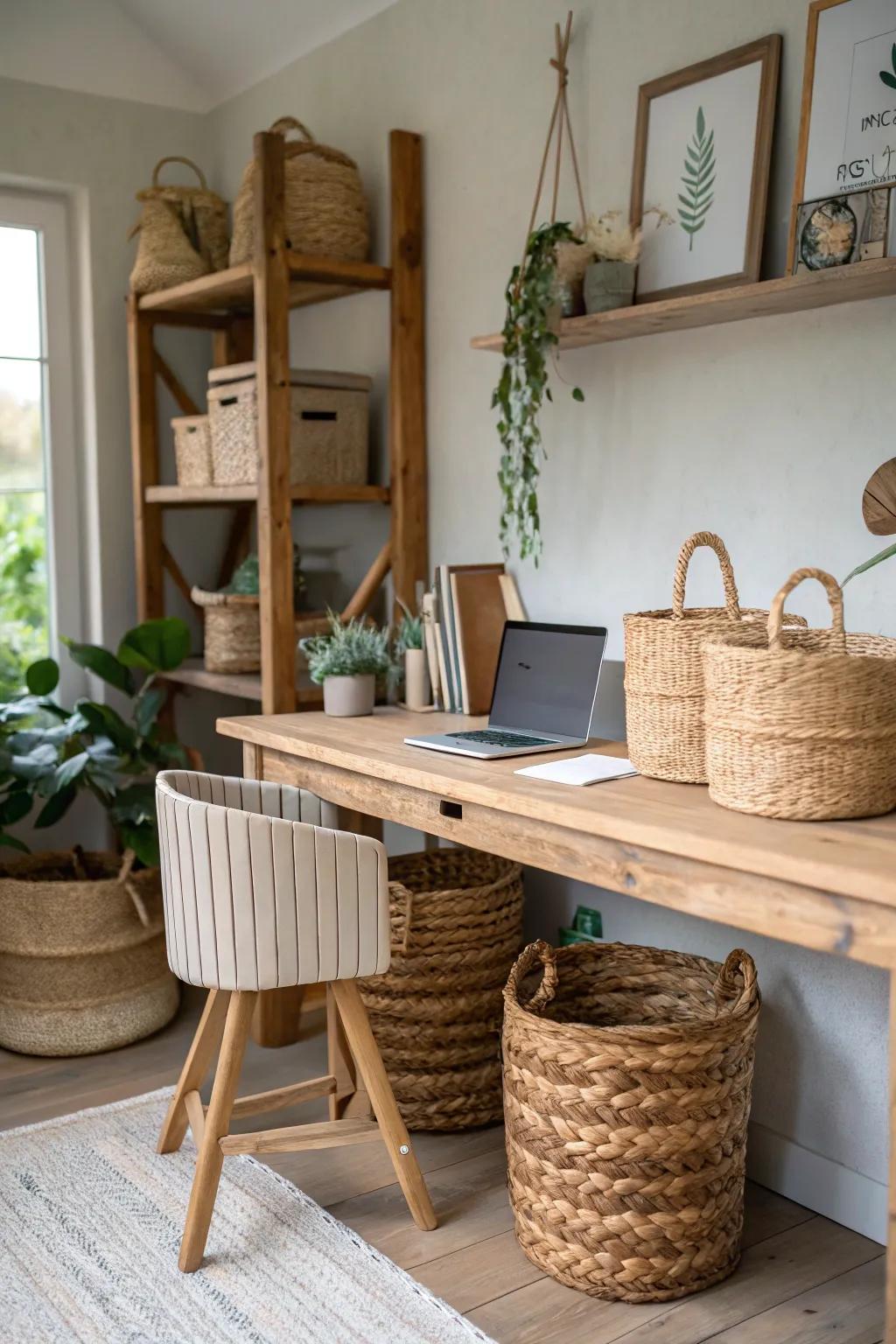 Knitted baskets carry both function and farmhouse charm to your workspace.