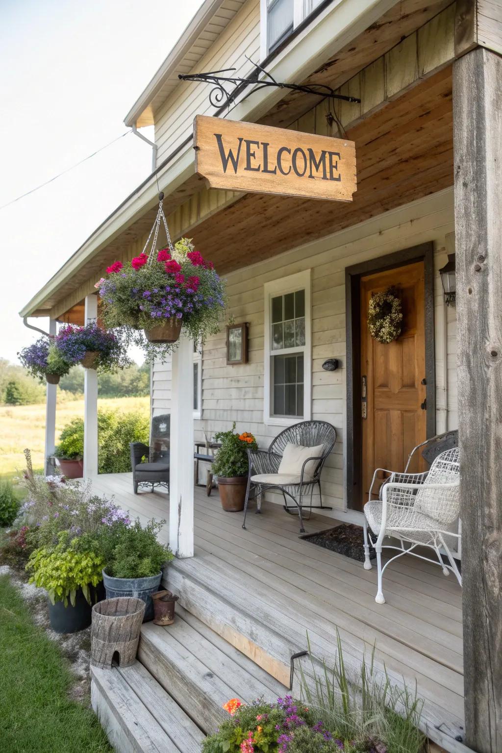 A rustic sign adds a personal touch to this farmhouse porch.