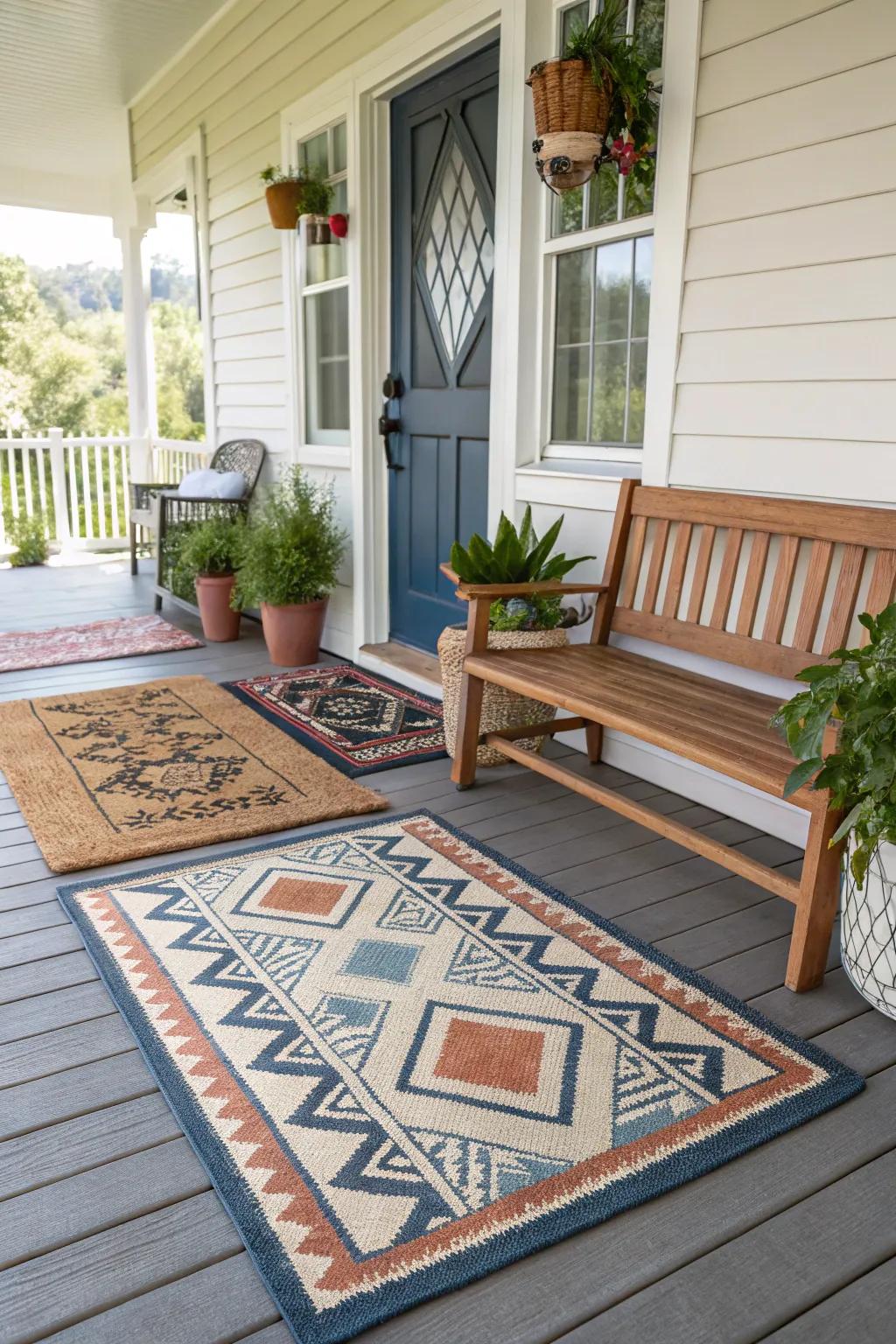Outdoor rugs and welcome mats add warmth and texture to a rustic porch.