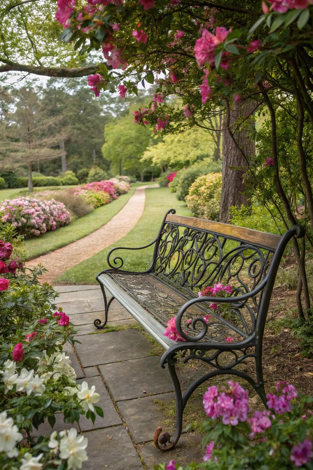 A metal bench that serves both as seating and garden art.