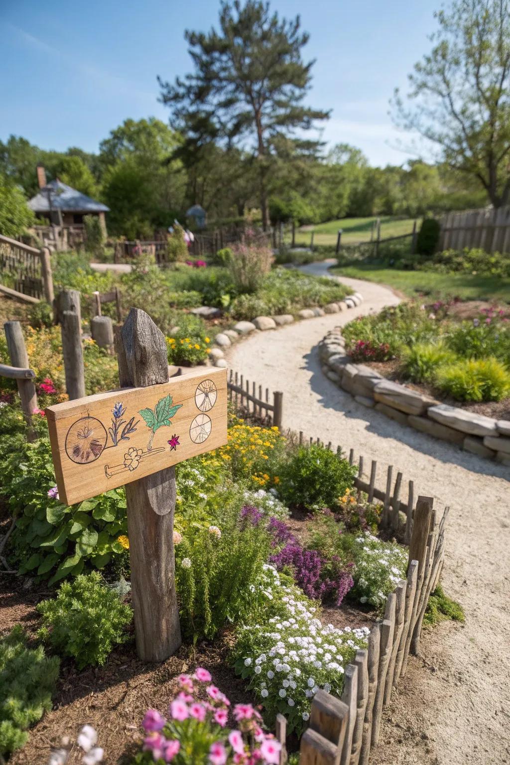 Personalized signs adding a quaint touch to the garden.