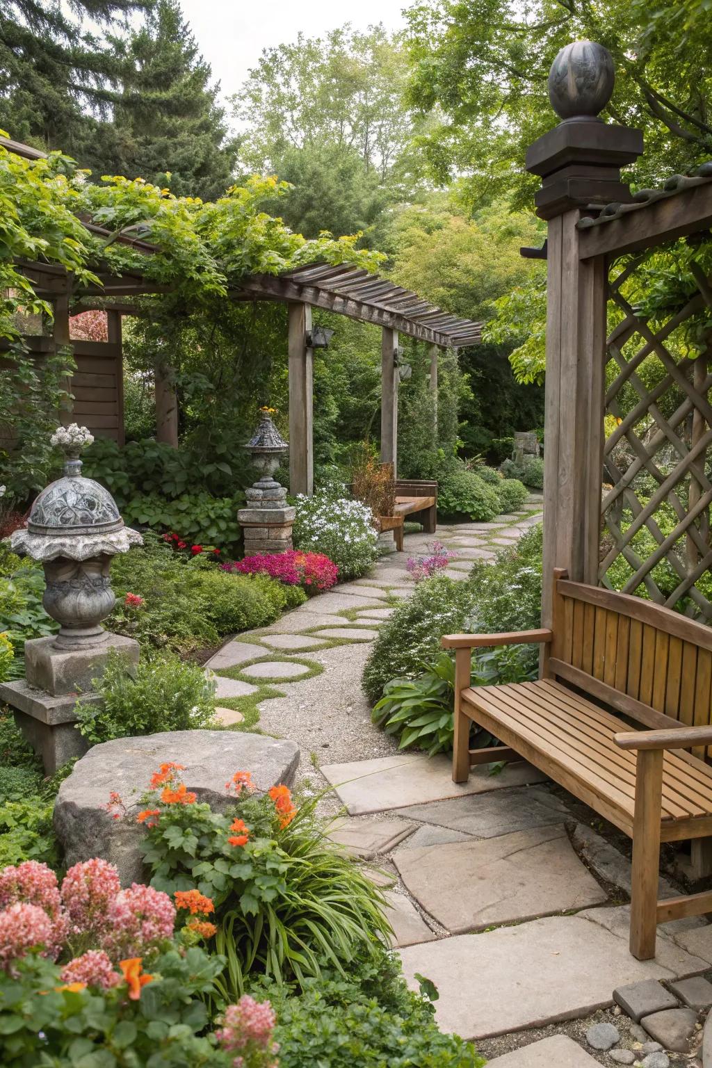 Nature materials like timber and rock accentuate this garden.