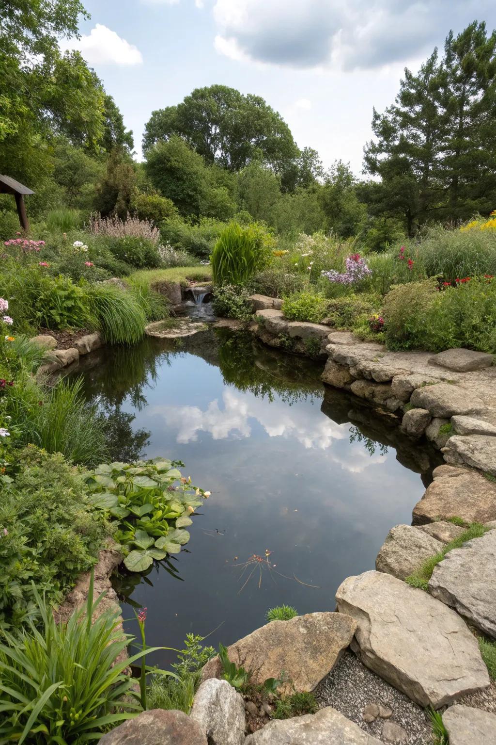 A tranquil pond enhancing the rustic garden atmosphere.