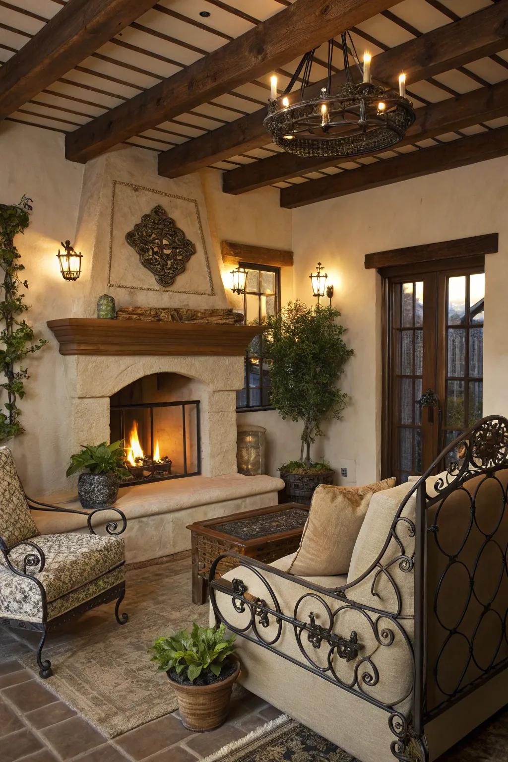 Wrought iron contributes country-style beauty and contrast to living room spaces.