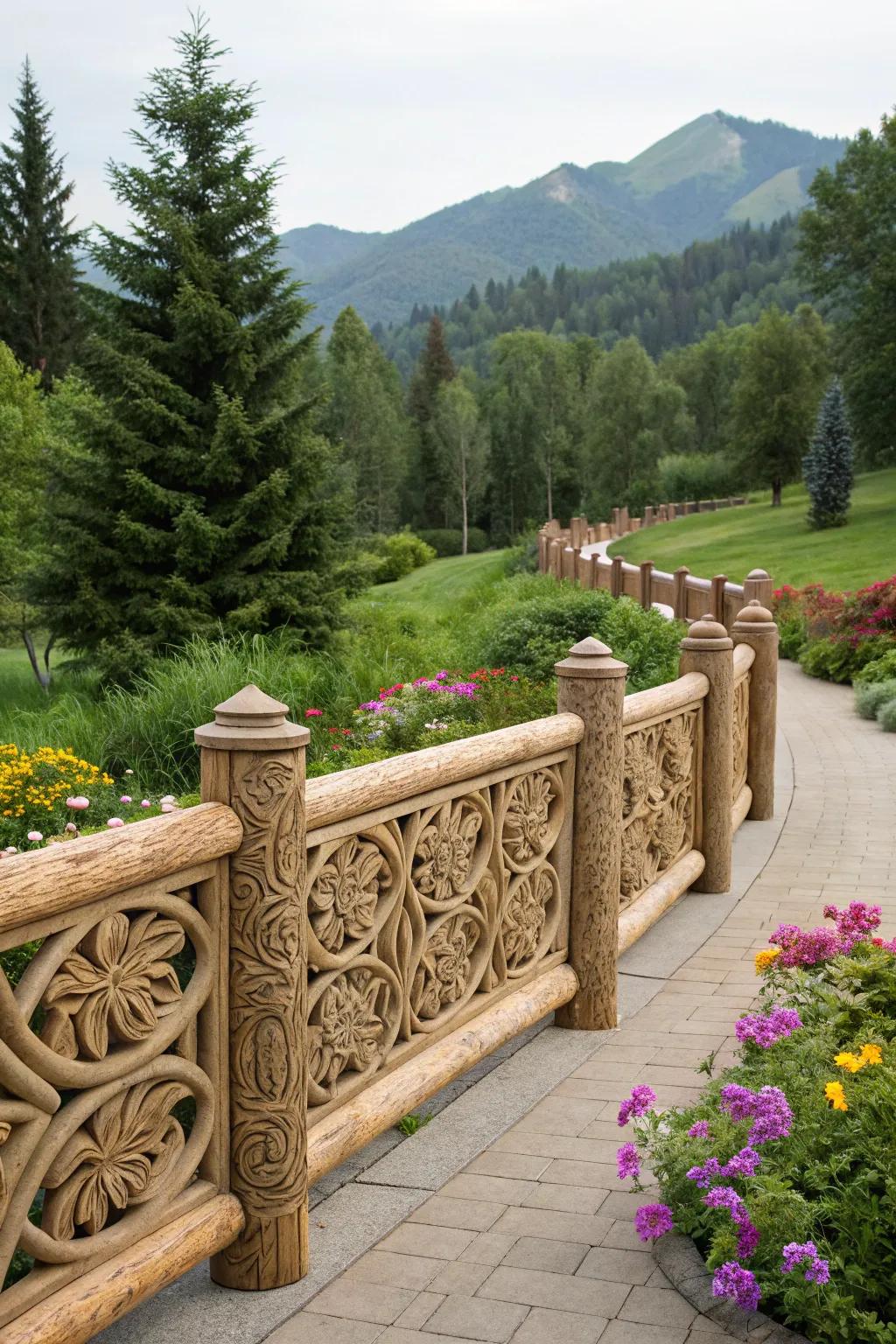 Detailed carvings on a log fence imbue an artistic flair within a garden setting.