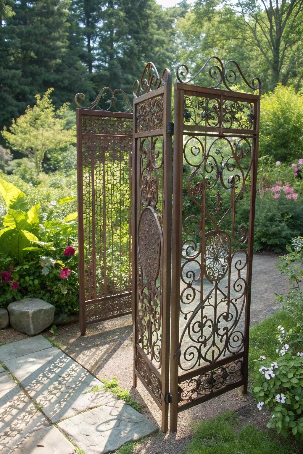 Elevate your garden's allure with a rustic metal privacy screen that blends seclusion with style.