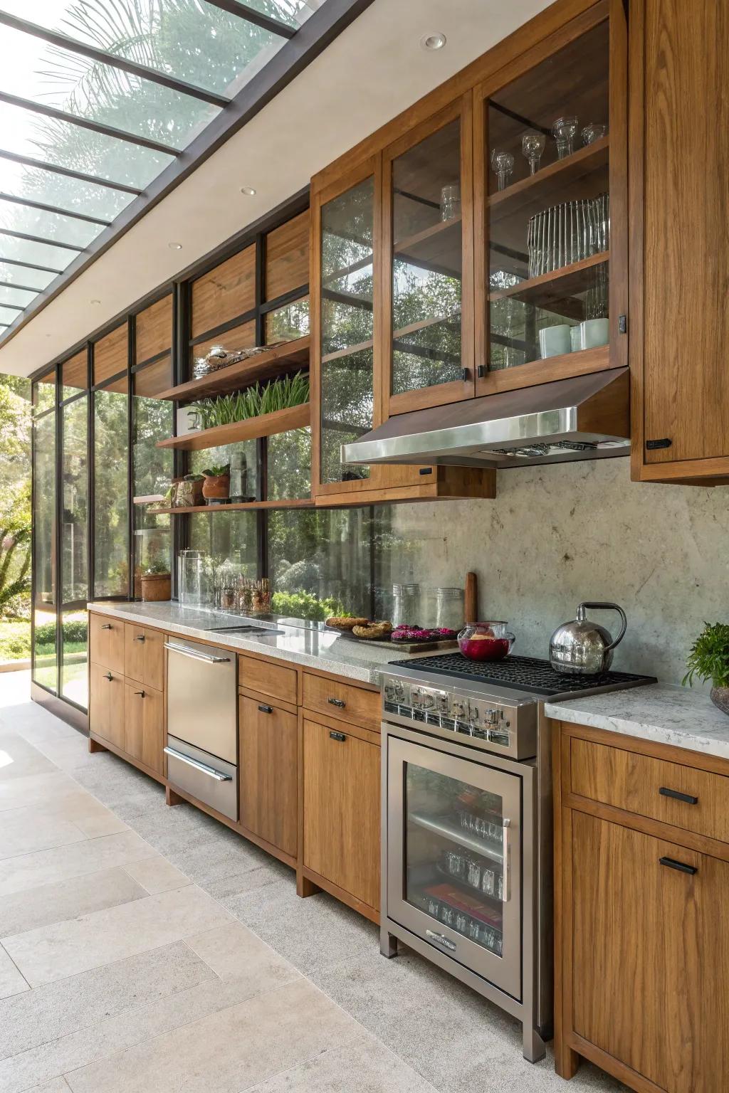 Mixed materials bring visual harmony to this farmhouse kitchen.