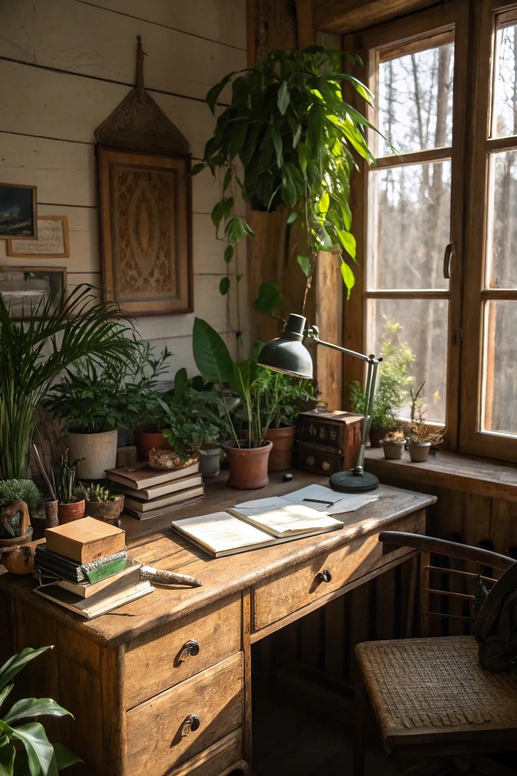 Greenery brings life and freshness to a rustic office.