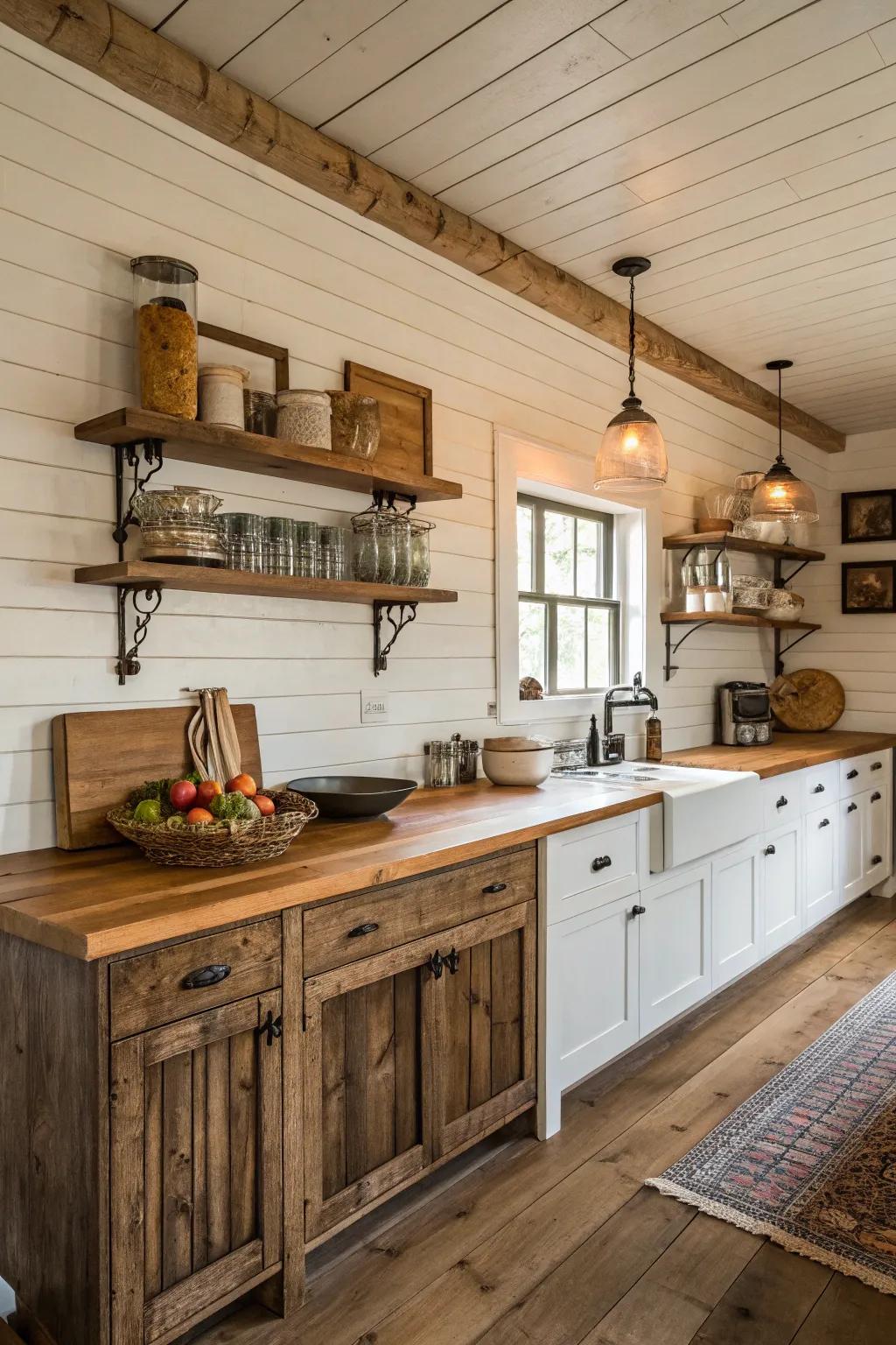 Paneling walls create a snug, textured backdrop in a farmhouse kitchen.