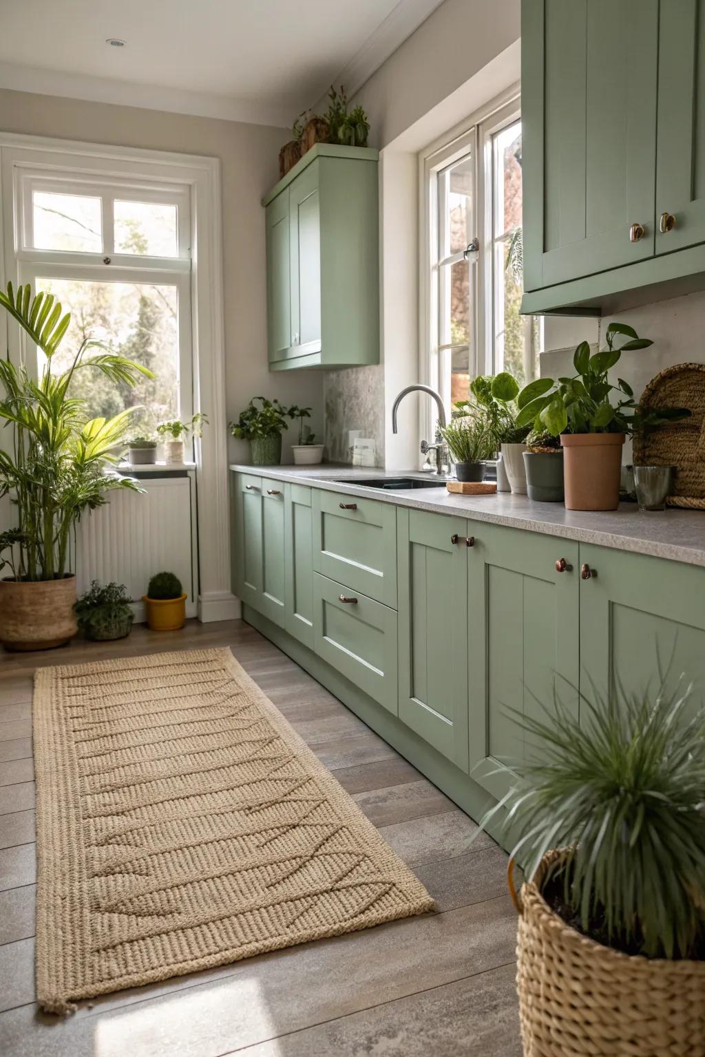 Surface components like rugs and foliage improve the kitchen's warmth.