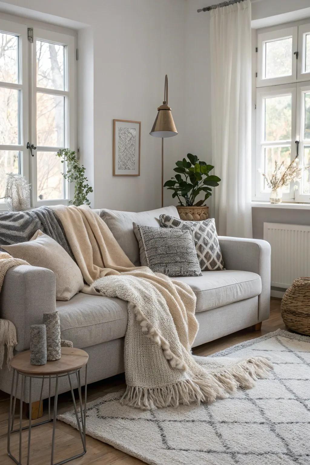 Cozy throws and pillows add warmth to the Scandinavian living room.