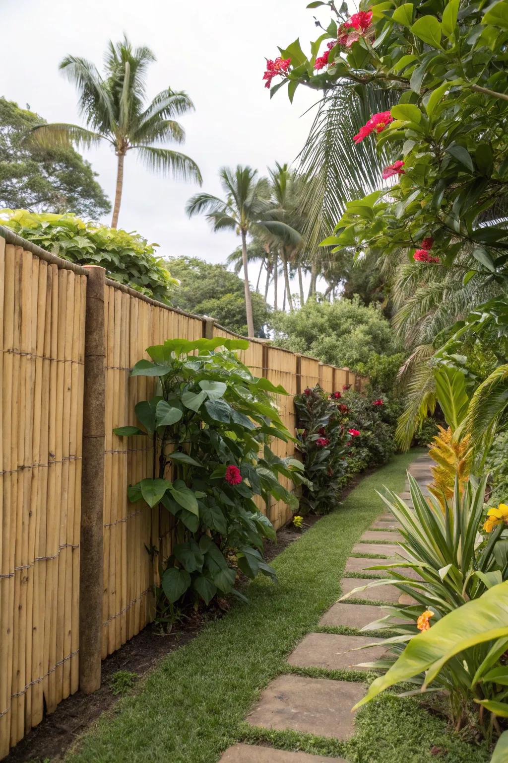 Cane panels deliver a distant touch, ideal for establishing a tropical garden escape.