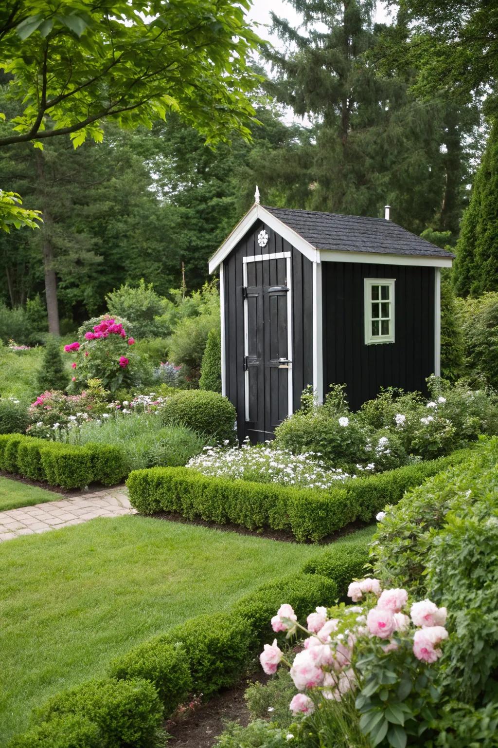 Classic black sheds produce dramatic contrast in any garden landscape.