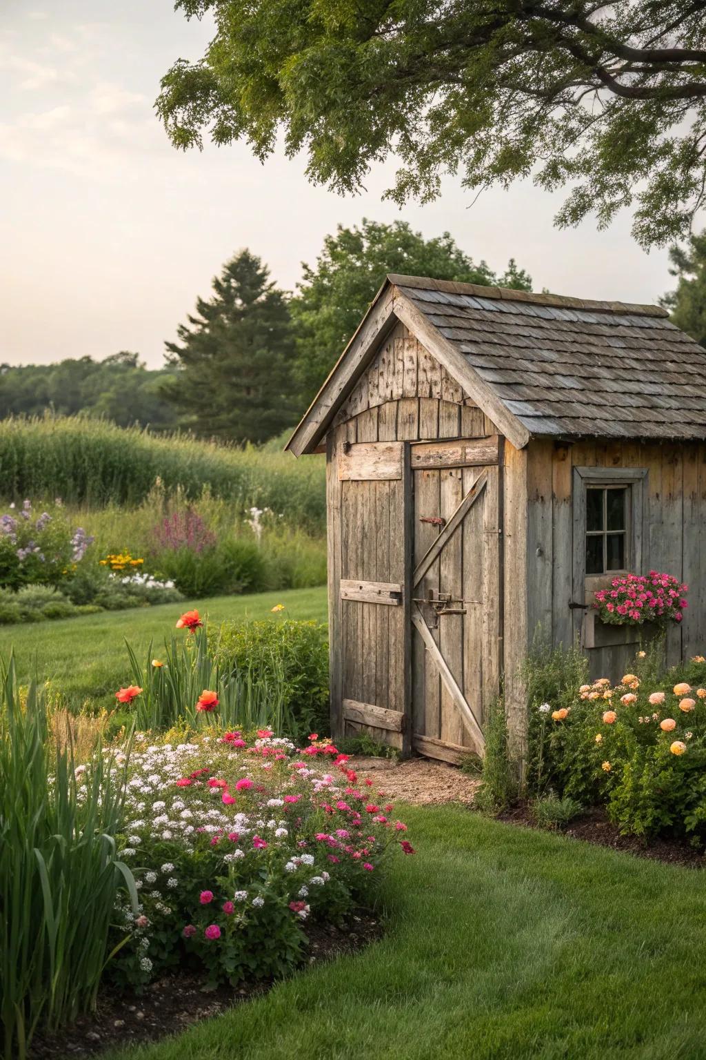 Rustic style with wooden details and barn entrances.