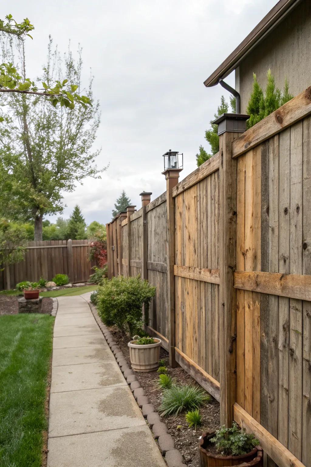 Sustainable side yard with reclaimed wood fence.