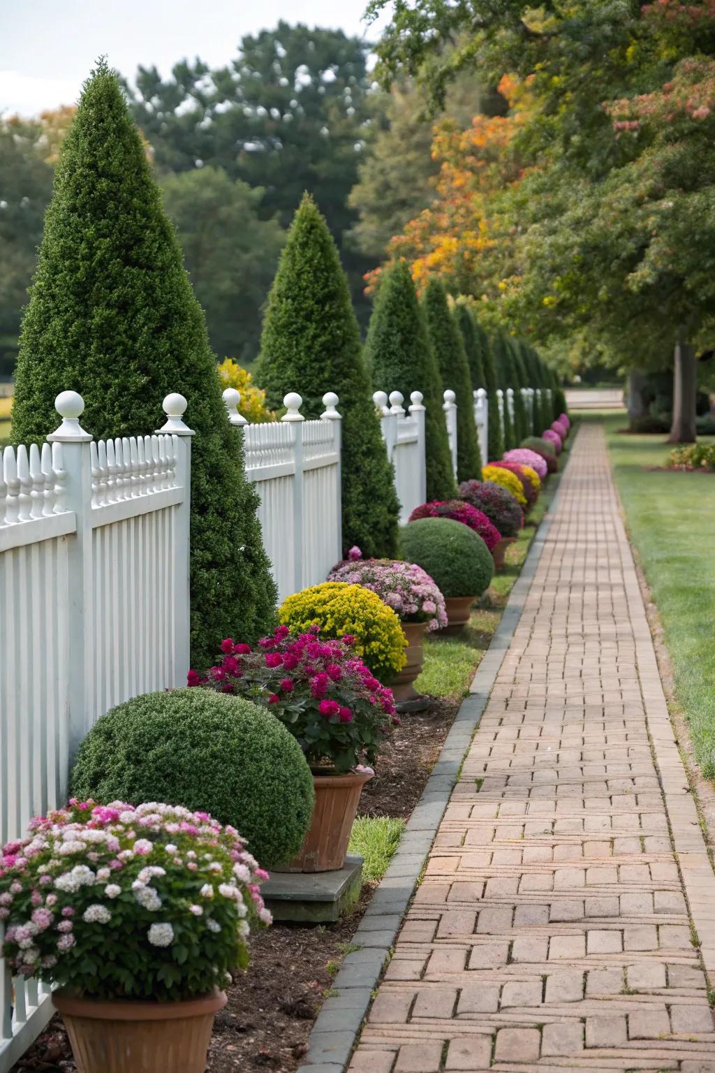 Symmetrical layouts instill order and equilibrium in fence line landscaping.