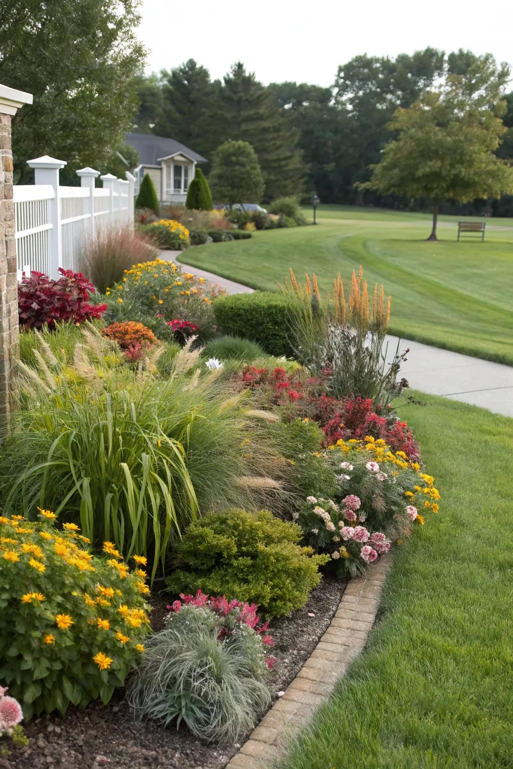 Diverse planting enriches with texture and variety.