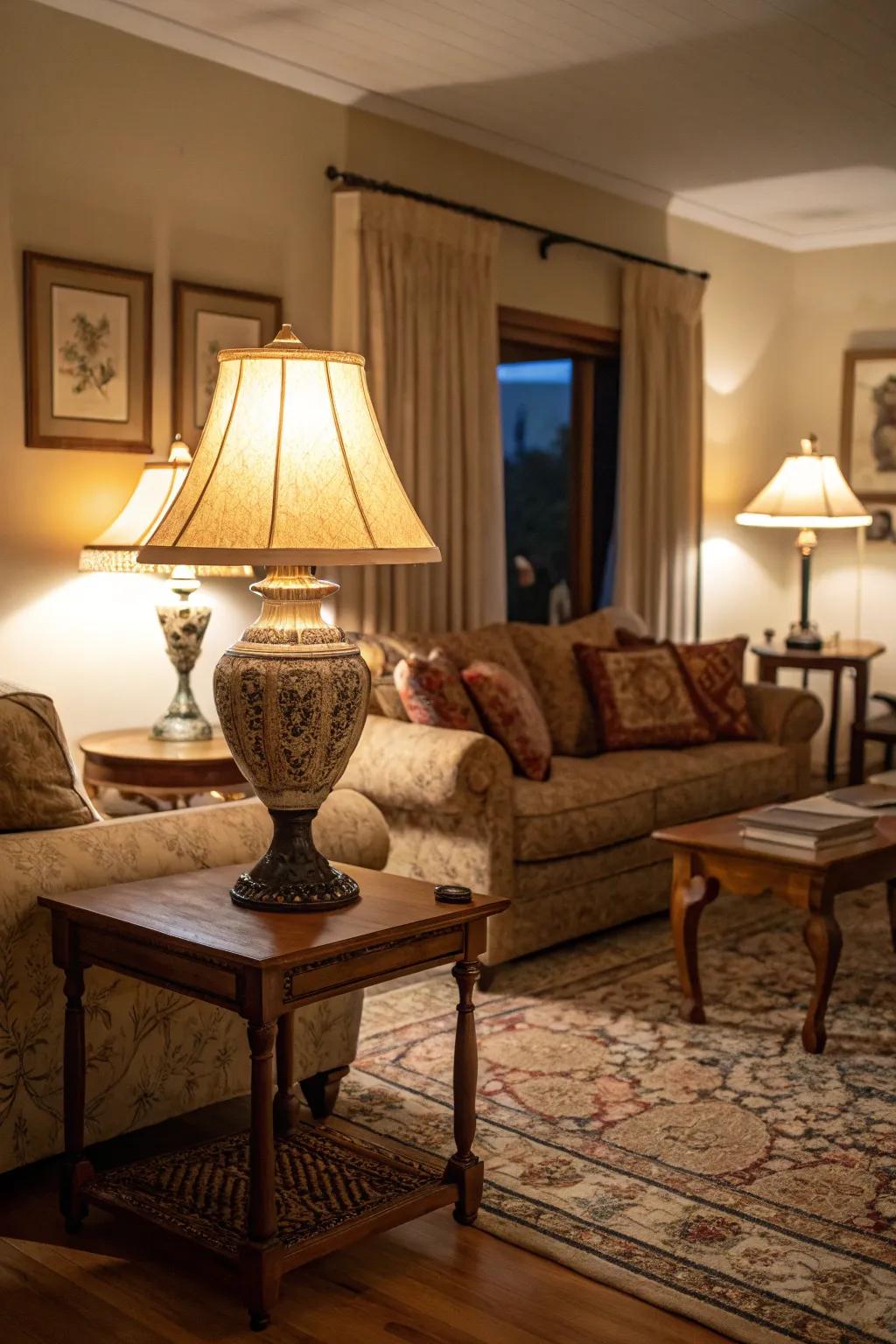 Layered lighting creates an adjustable ambiance in the living room.